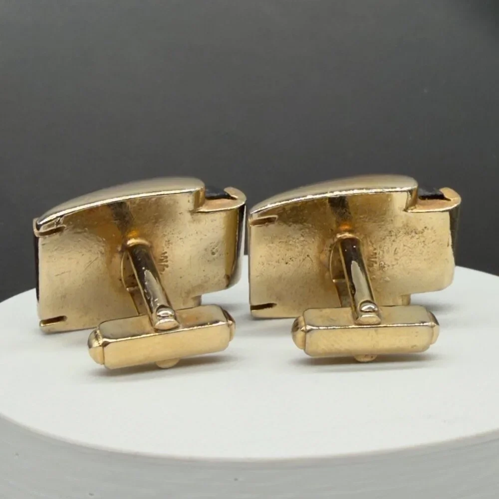 Vintage Gold Tone Black Bronze Swirl Glass Cufflinks Metallic Accents